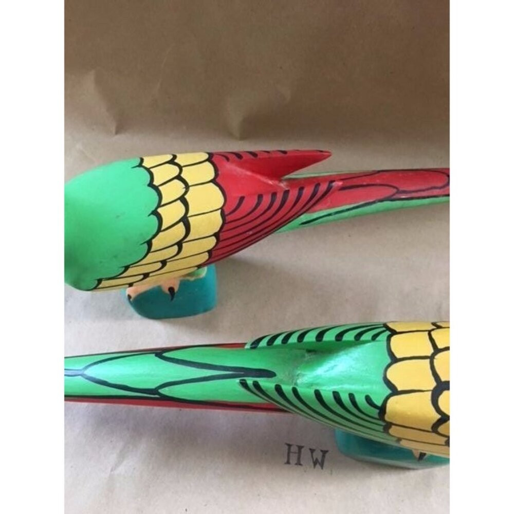 Parrots Pair Wooden FOLK ART Carved Marked JUAN PUELLO R.D. Set Of 2 - Picture 7 of 12